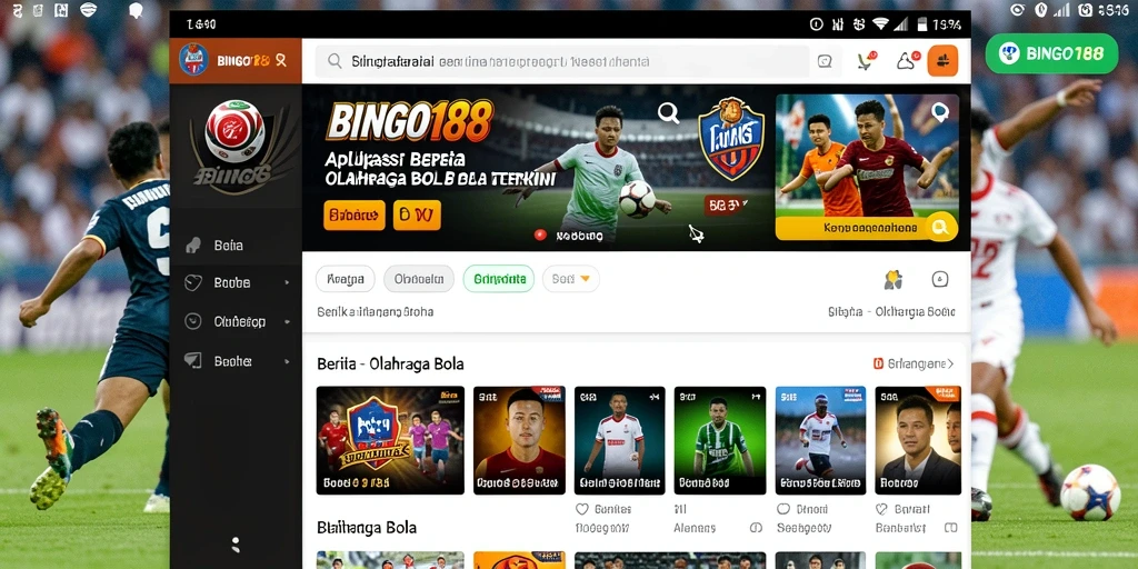 Antarmuka aplikasi BINGO188 yang menampilkan berita olahraga bola.
