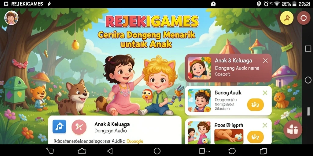Antarmuka <strong>REJEKIGAMES</strong> dengan pilihan dongeng audio untuk anak-anak.