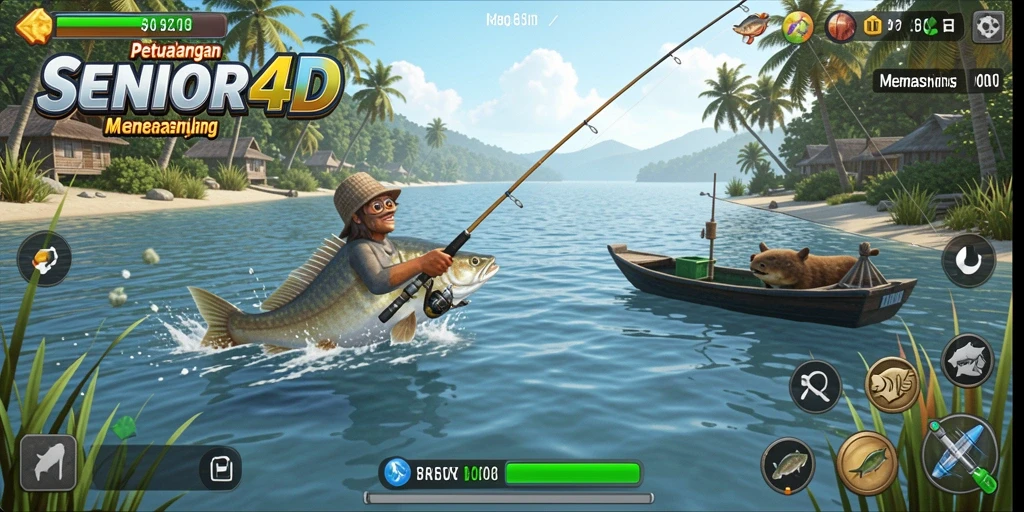 Screenshot utama SENIOR4D menampilkan aksi memancing yang mendebarkan.